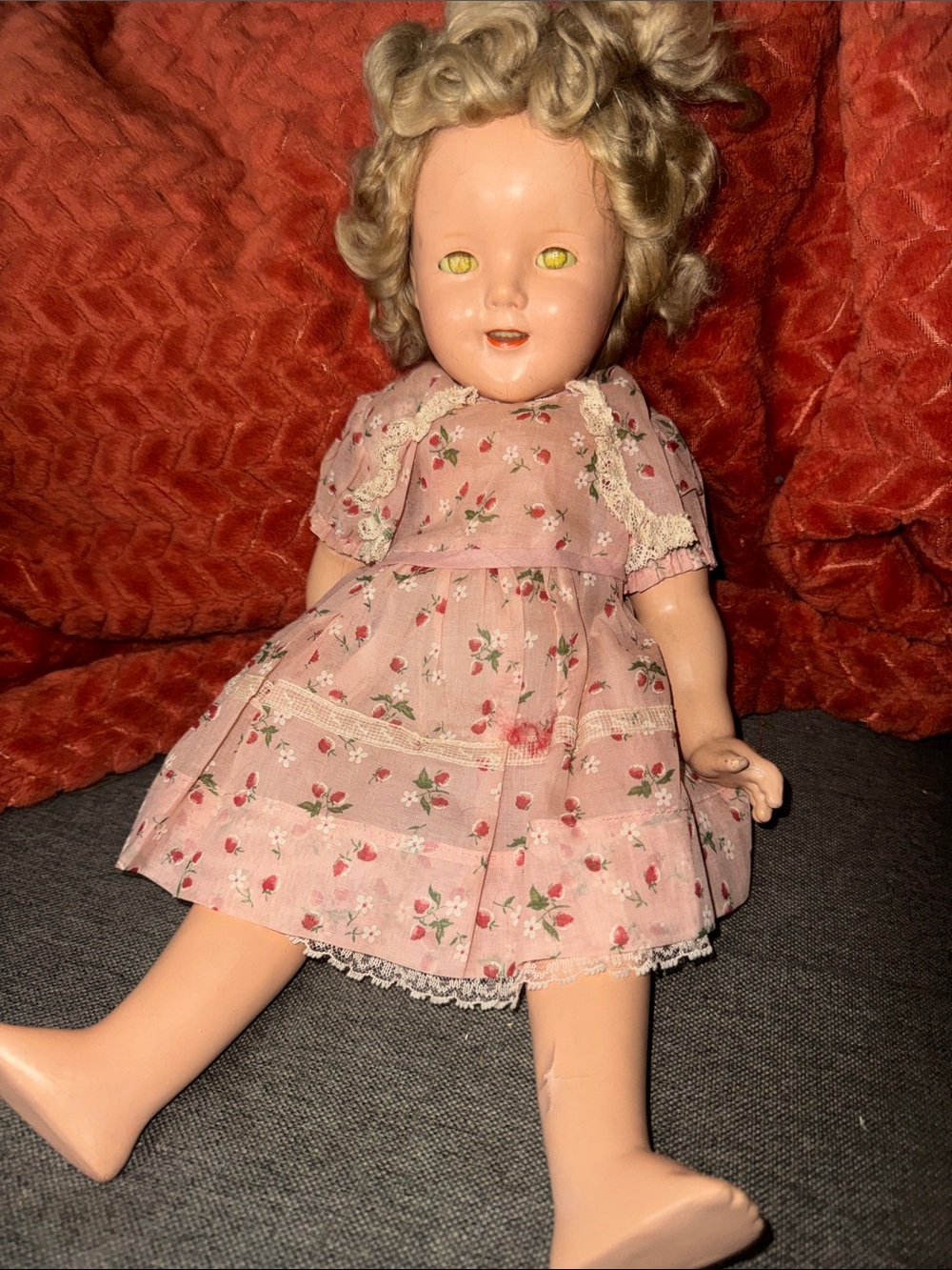 Vintage 18" Ideal Shirley Temple Composition Doll with Strawberry Dress